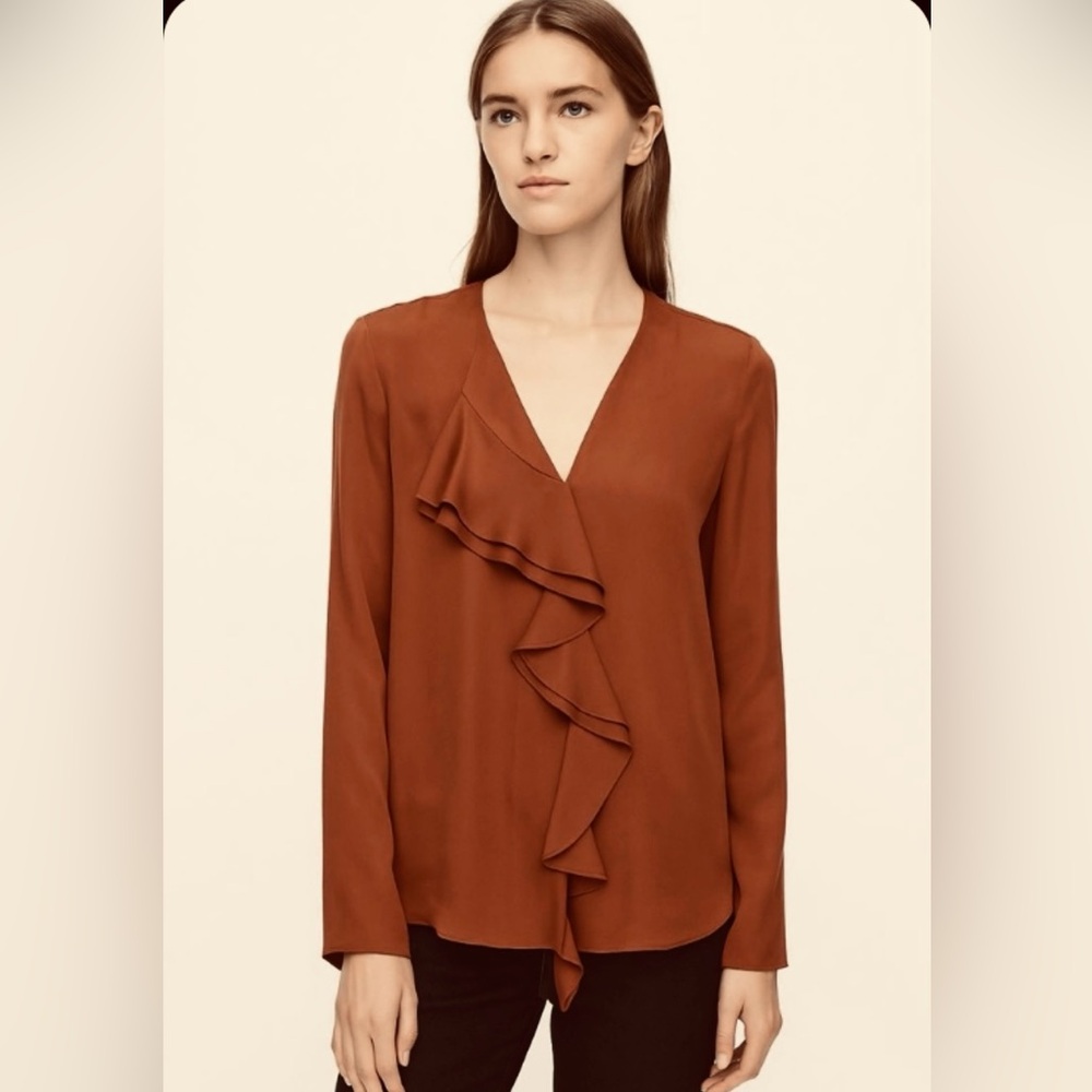 Theory Rust Rose Colored Ruffle V-Neck Blouse